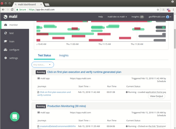 Mabl software review, a screenshot of the tool's dashboard