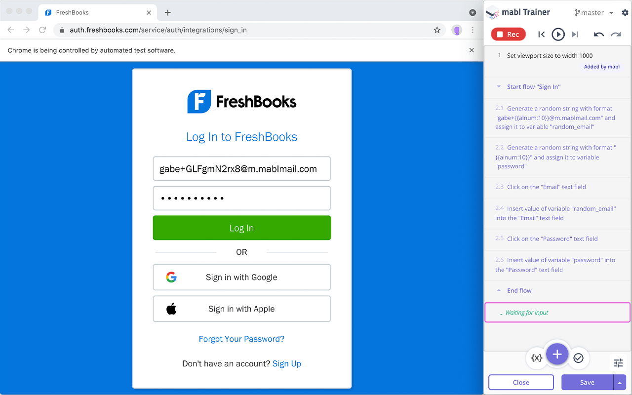 mabl Trainer Freshbook Screenshot