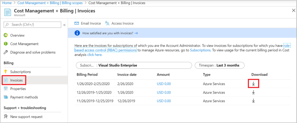 Microsoft Azure review screenshot showing cost management and billing