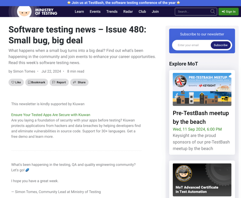 Ministry of Testing newsletter