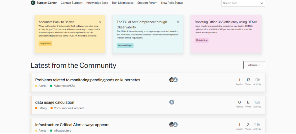 New Relic Forum's support center