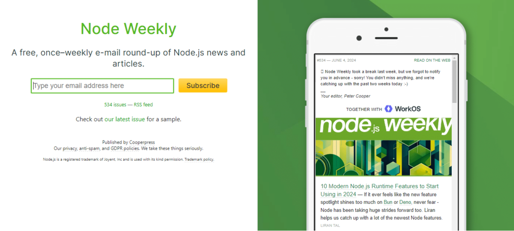 Screenshot of the landing page for the Node js. weekly, a open source newsletters