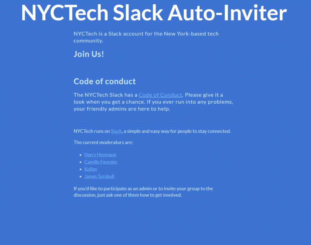 NYCTech Slack Auto-Inviter page