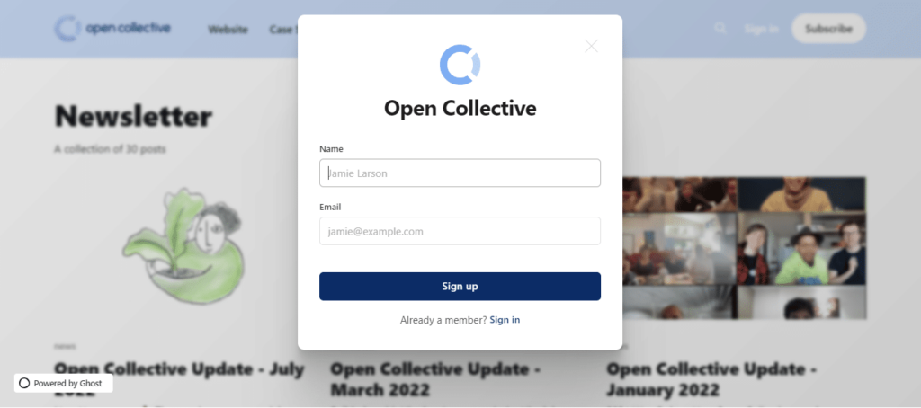 Screenshot of the subscription form of Open Source Collective, an open source newsletters