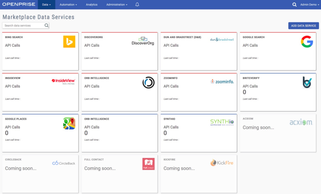 A screenshot focused on the Marketplace Data Services of the tool Openprise Data Marketplace.