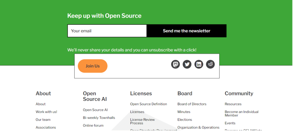 Screenshot of the subscription form of the OSI Blog, a open source newsletters