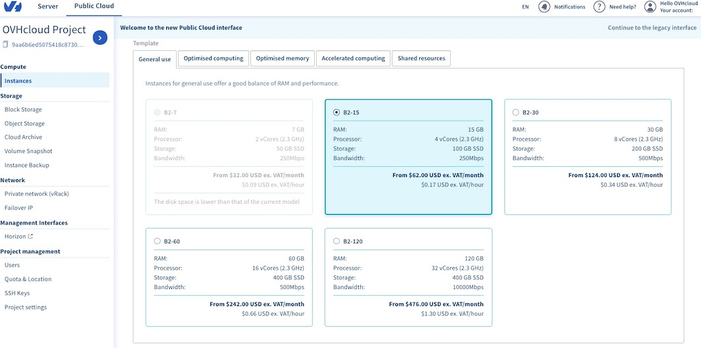 OVHcloud Public Cloud interface screenshot