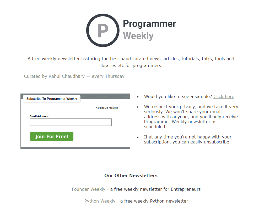 Screenshot of the landing page for the Programmer Weekly newsletter