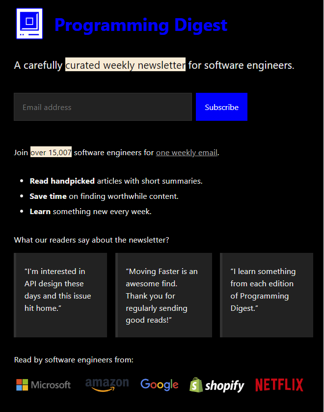 The landing page of the Programming Digest Newsletter