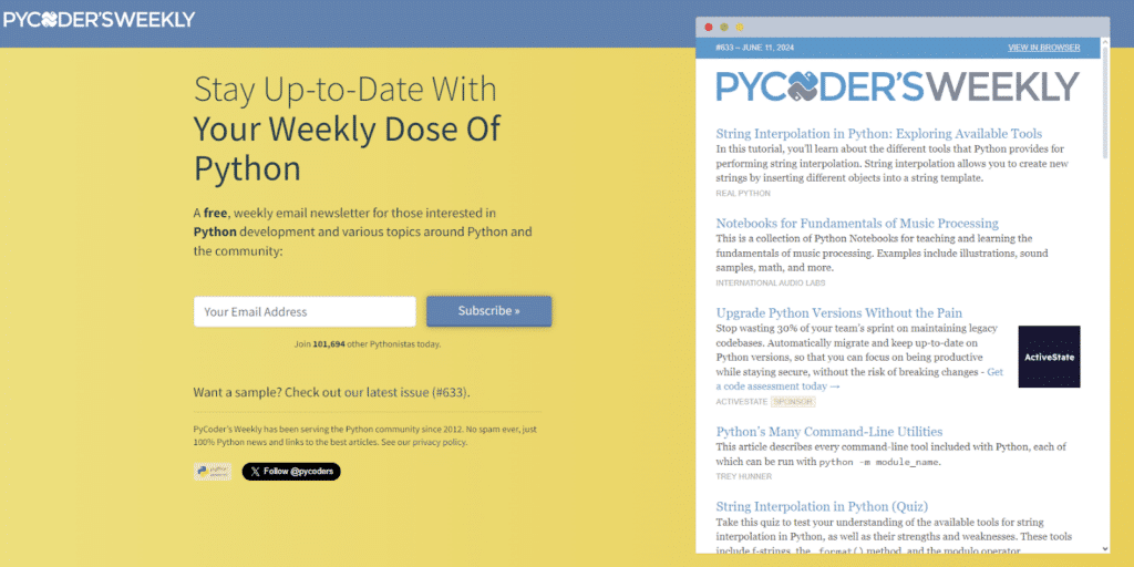 Screenshot of the landing page for the Pycoder's Weekly Newsletter