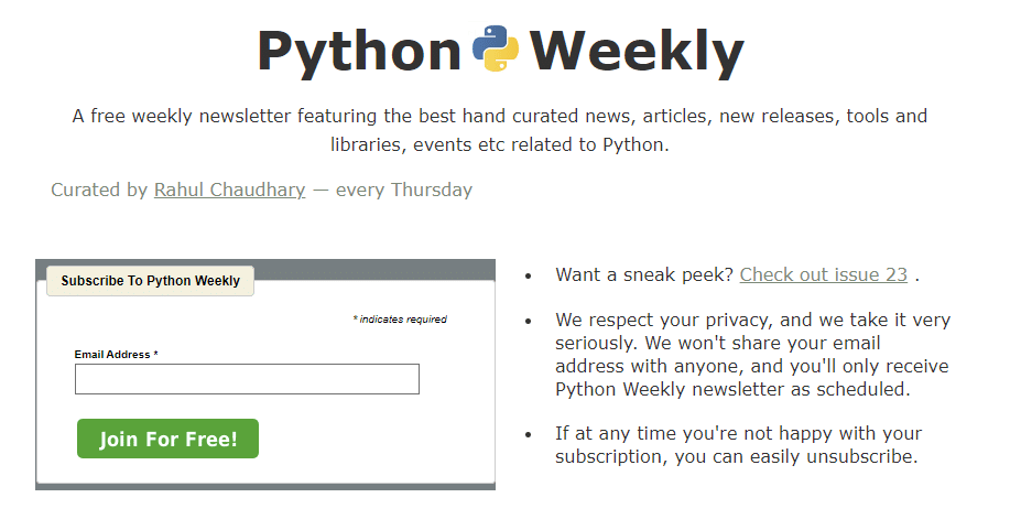 The Python Weekly Newsletter landing page