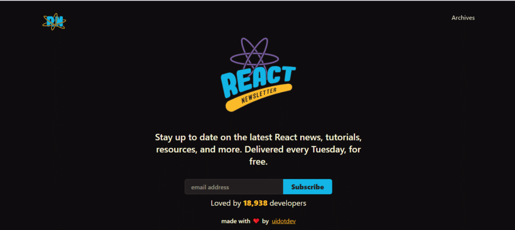 Screenshot of the landing page of React newsletter, a open source newsletters