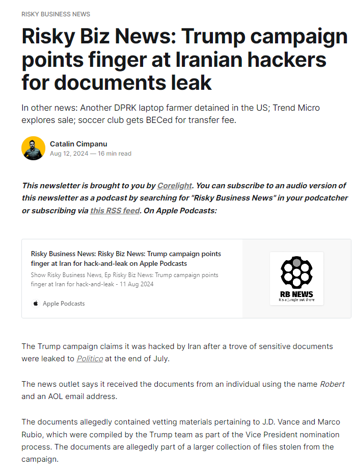Risky Biz, a newsletter for cybersecurity professionals