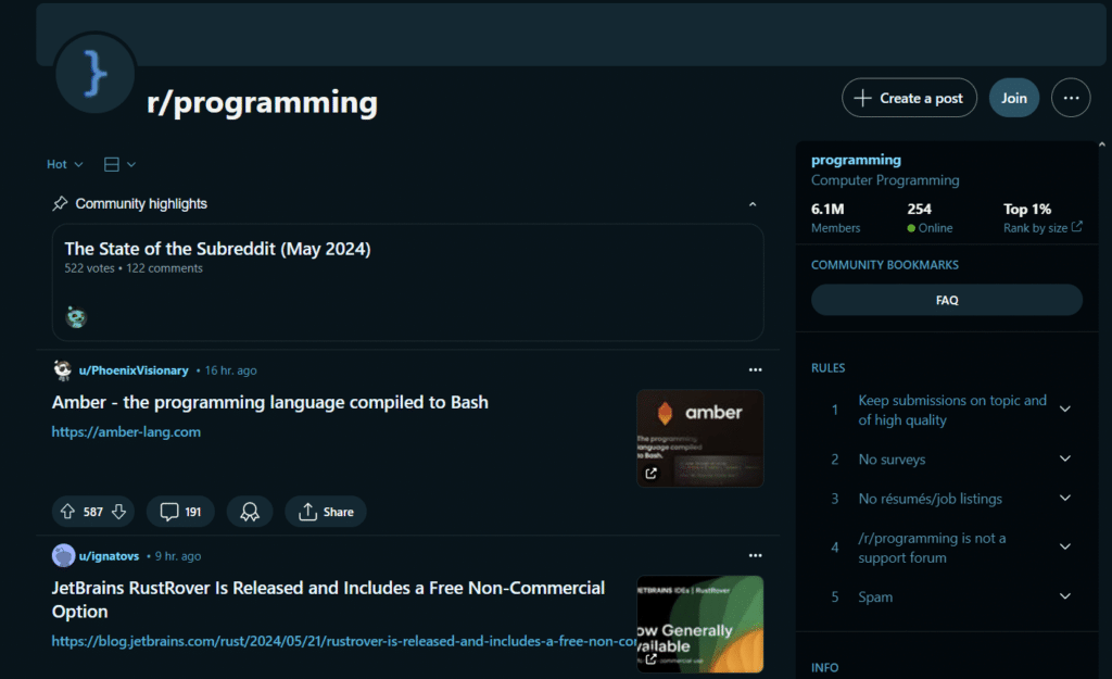 r/Programming Subreddit page for techs