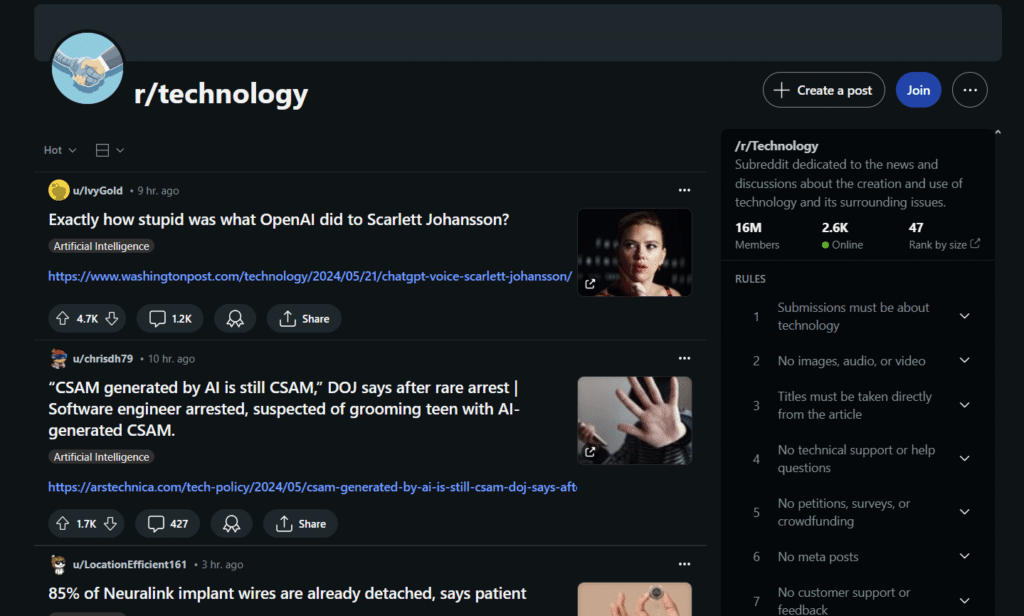 r/Technology subreddit page