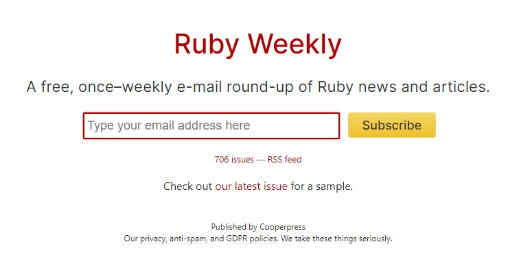 The Ruby Weekly Newsletter landing page
