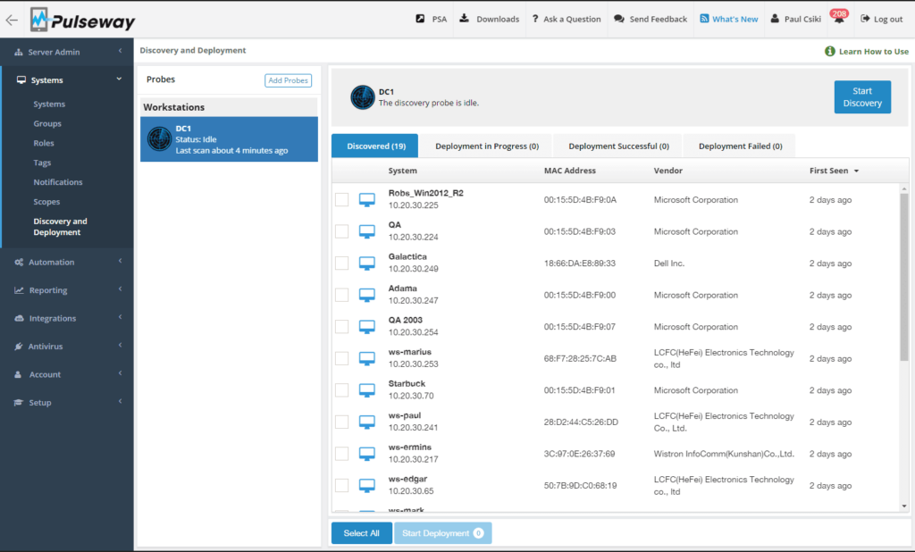 Pulseway discovery and deployment interface