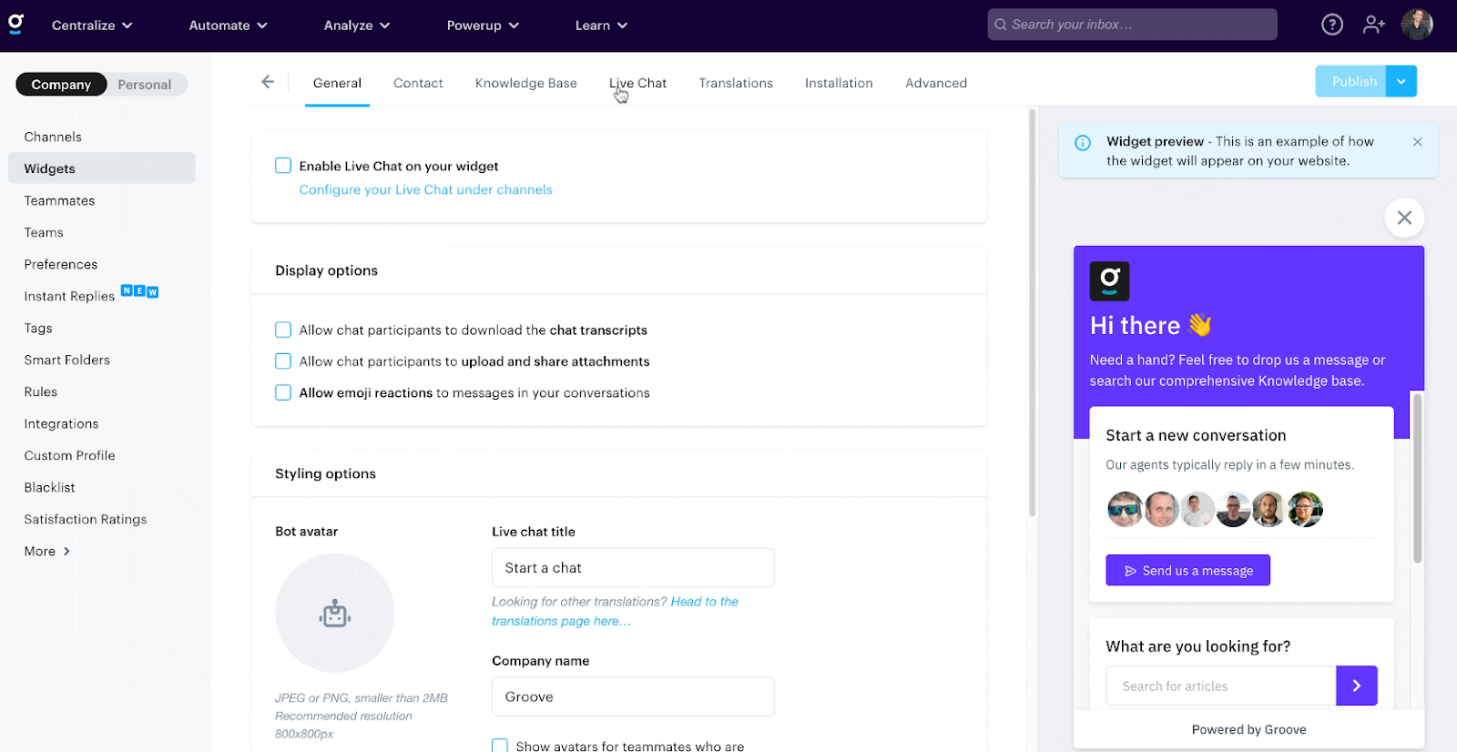 screenshot of groove live chat