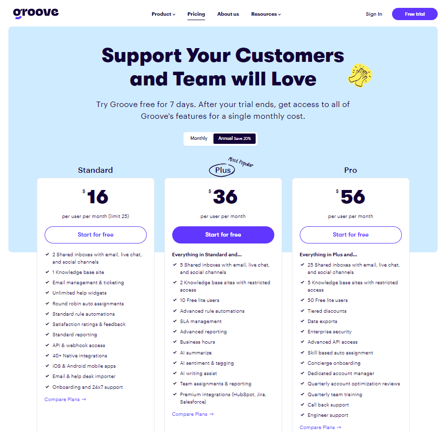 screenshot of groove pricing tiers