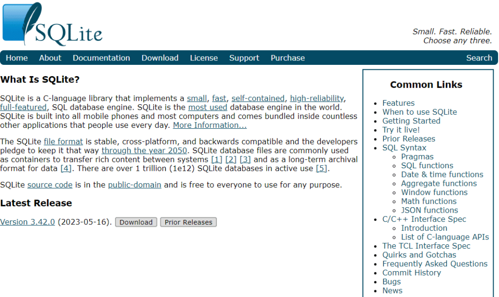A photo of SQLite's website.