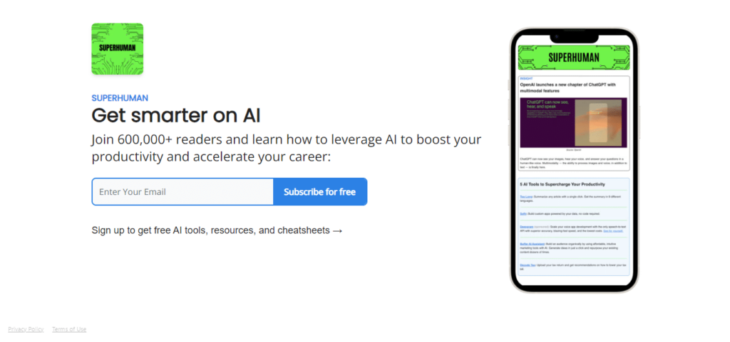 Screenshot of the subscription form of the Superhuman newsletter