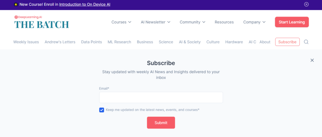 The Batch by DeepMind newsletter subscription form
