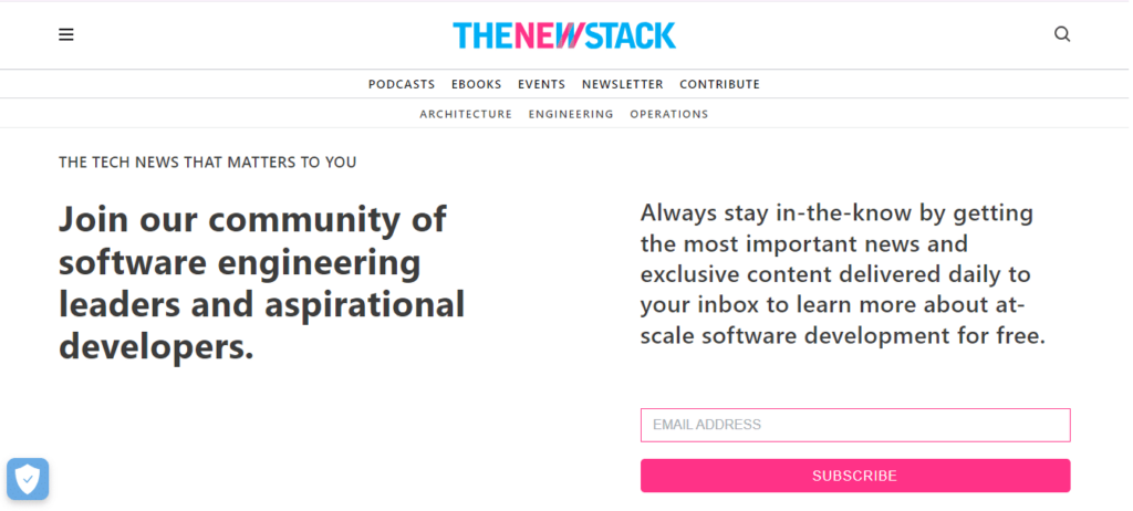 Screenshot of the subscription form of the New Stack, a open source newsletters