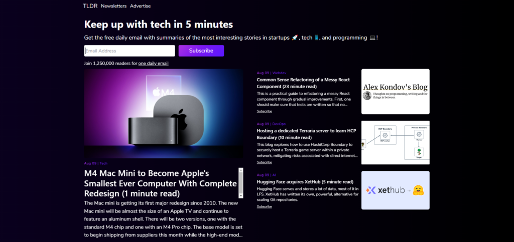 TLDR newsletter landing page