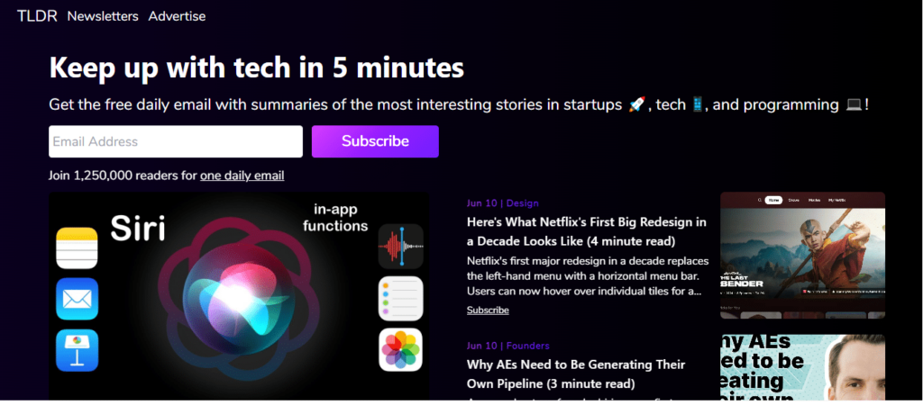 Screenshot of the landing page for TLDR, a open source newsletters