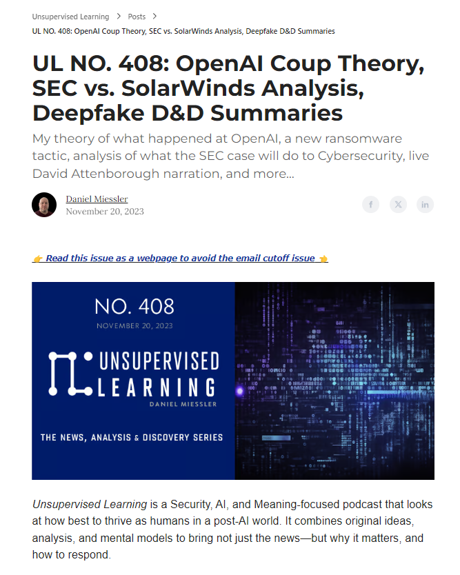 Unsupervised Learning, a cybersecurity newsletter page