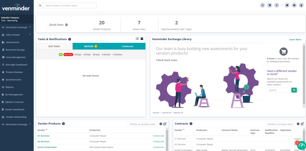 Main dashboard of Venminder, a quality OneTrust alternative