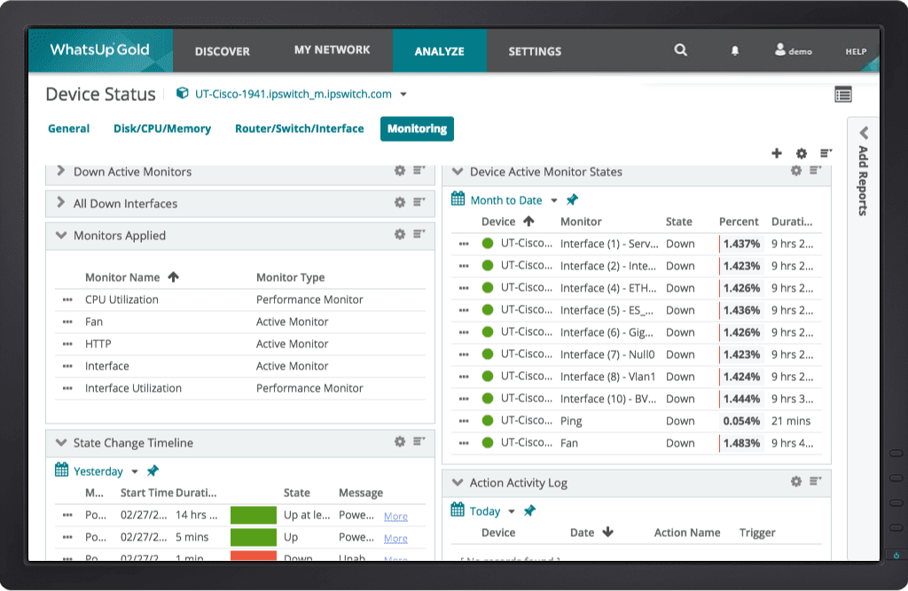WhatsUp Gold review screenshot showing device status