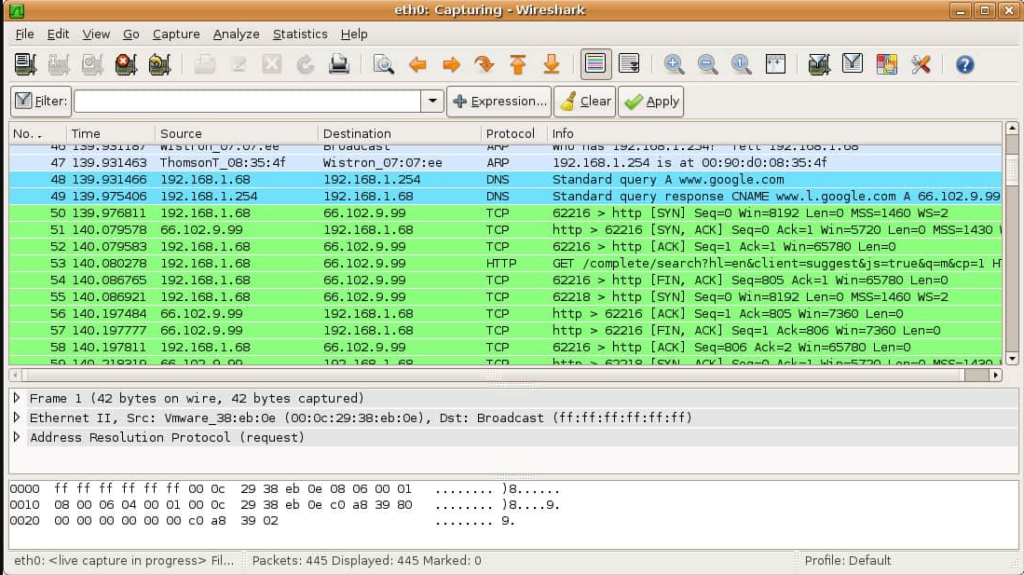Wireshark capturing process screenshot