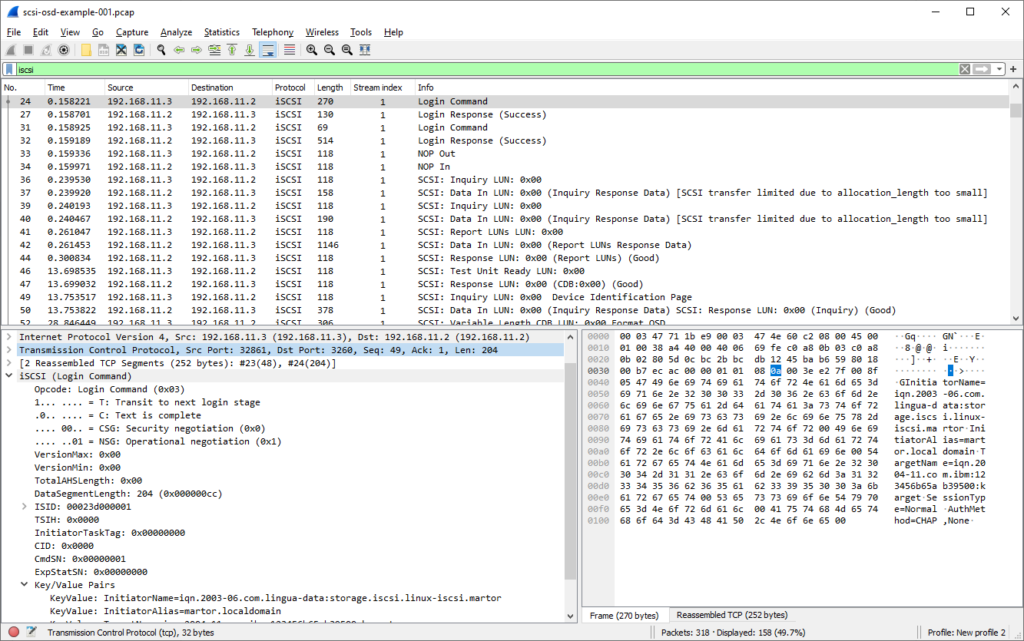 Wireshark review screenshot showing iSCSI protocol search