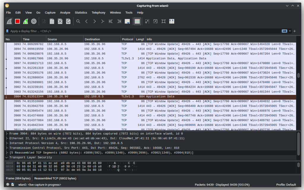 Wireshark review screenshot showing network analysis