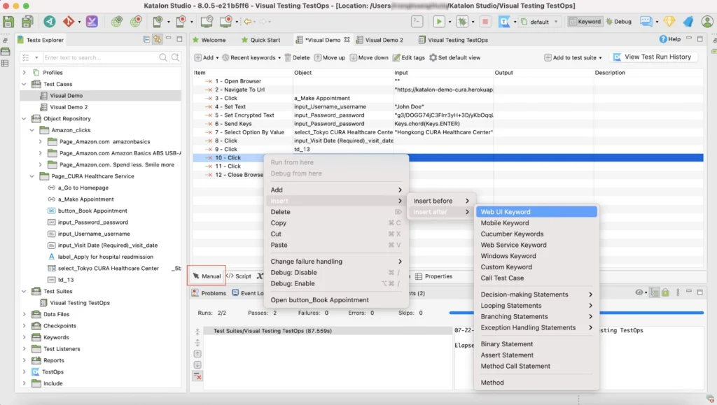 Katalon Studio review configuring screenshot in manual mode