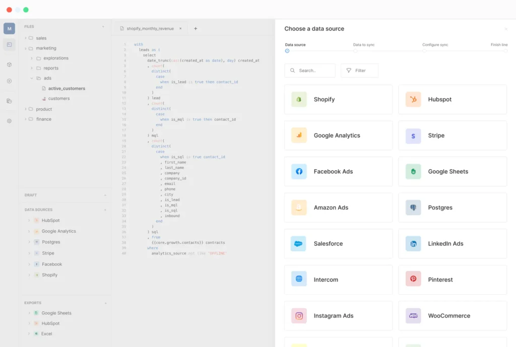 A screenshot focused on the data sources available in Weld.